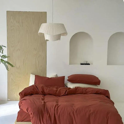 Vibrant Washed Cotton Color Duvet Cover Set in the color rust in a minimalistic style bedroom. - Fluffyslip