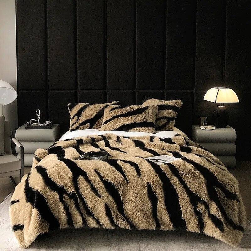 Brown Zebra Stripe Faux Fox Blanket in a modern bedroom- Fluffyslip
