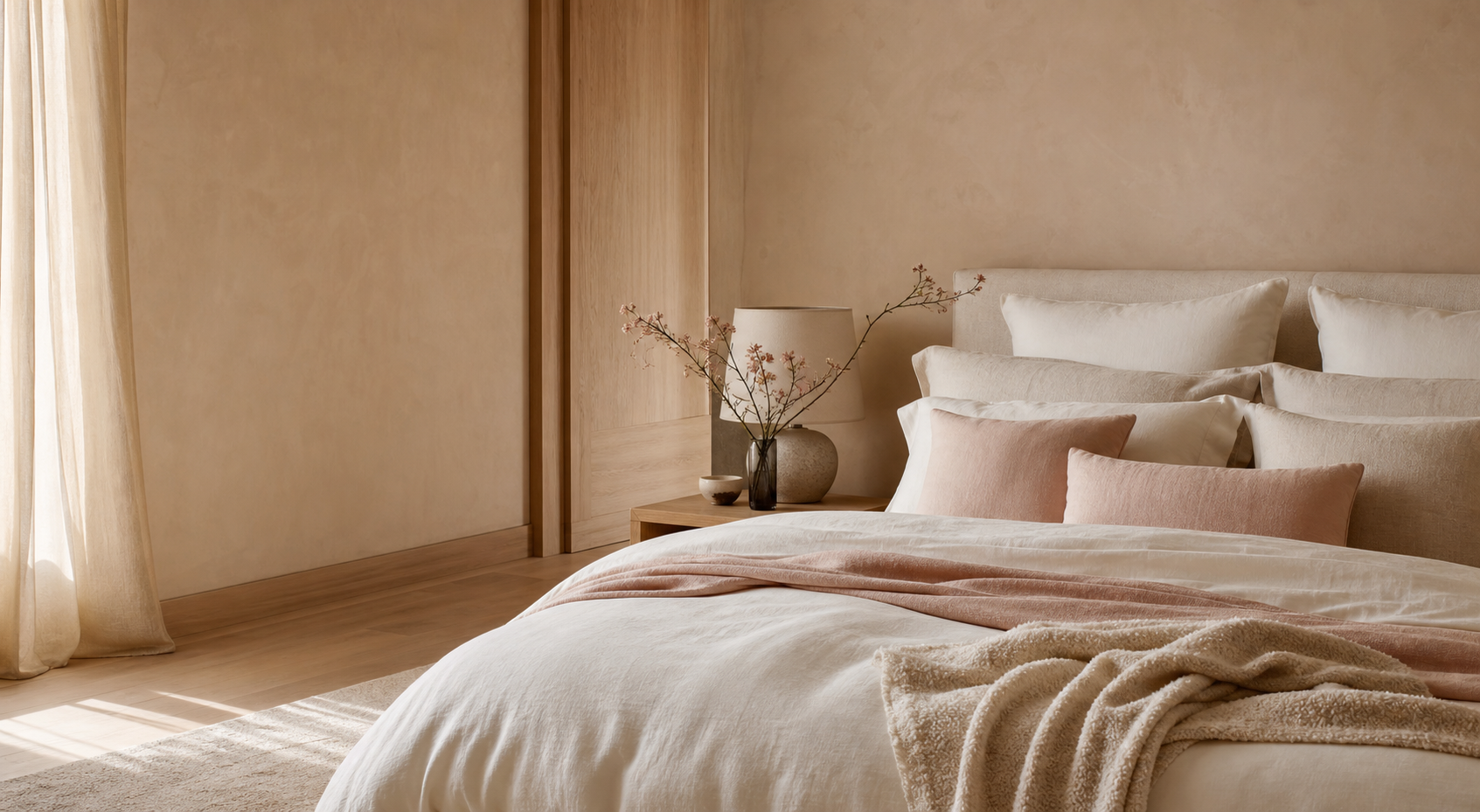 Warm neutral bedroom styled with layered bedding