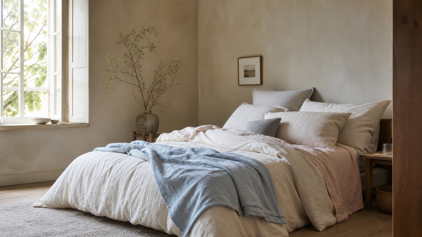 Peaceful bedroom styled with layered ivory, blush, and soft blue bedding